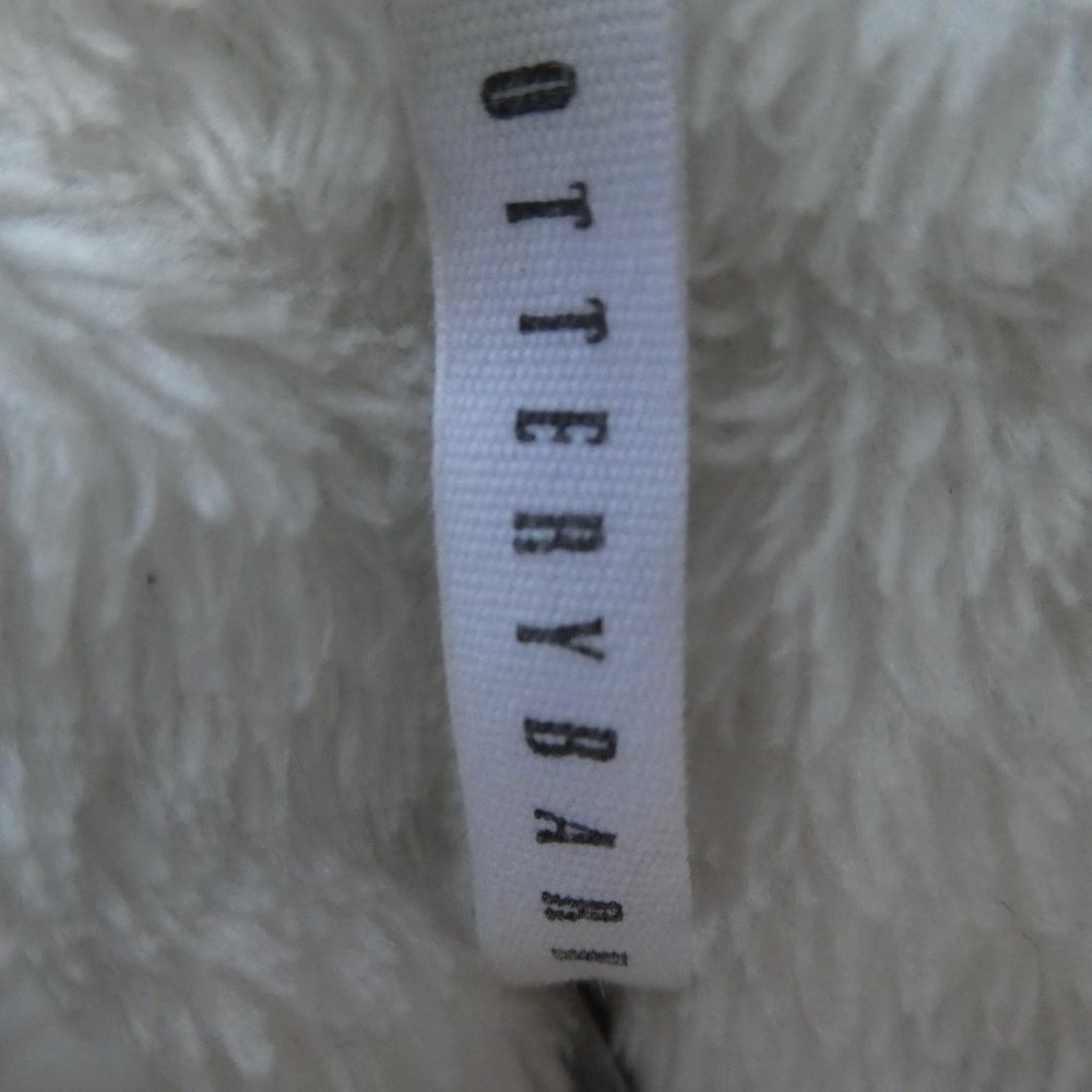 Pottery Barn Faux Fur Ombre Tipped Robe Ivory Plush Shawl Gray Trim Hooded S - Picture 4 of 6